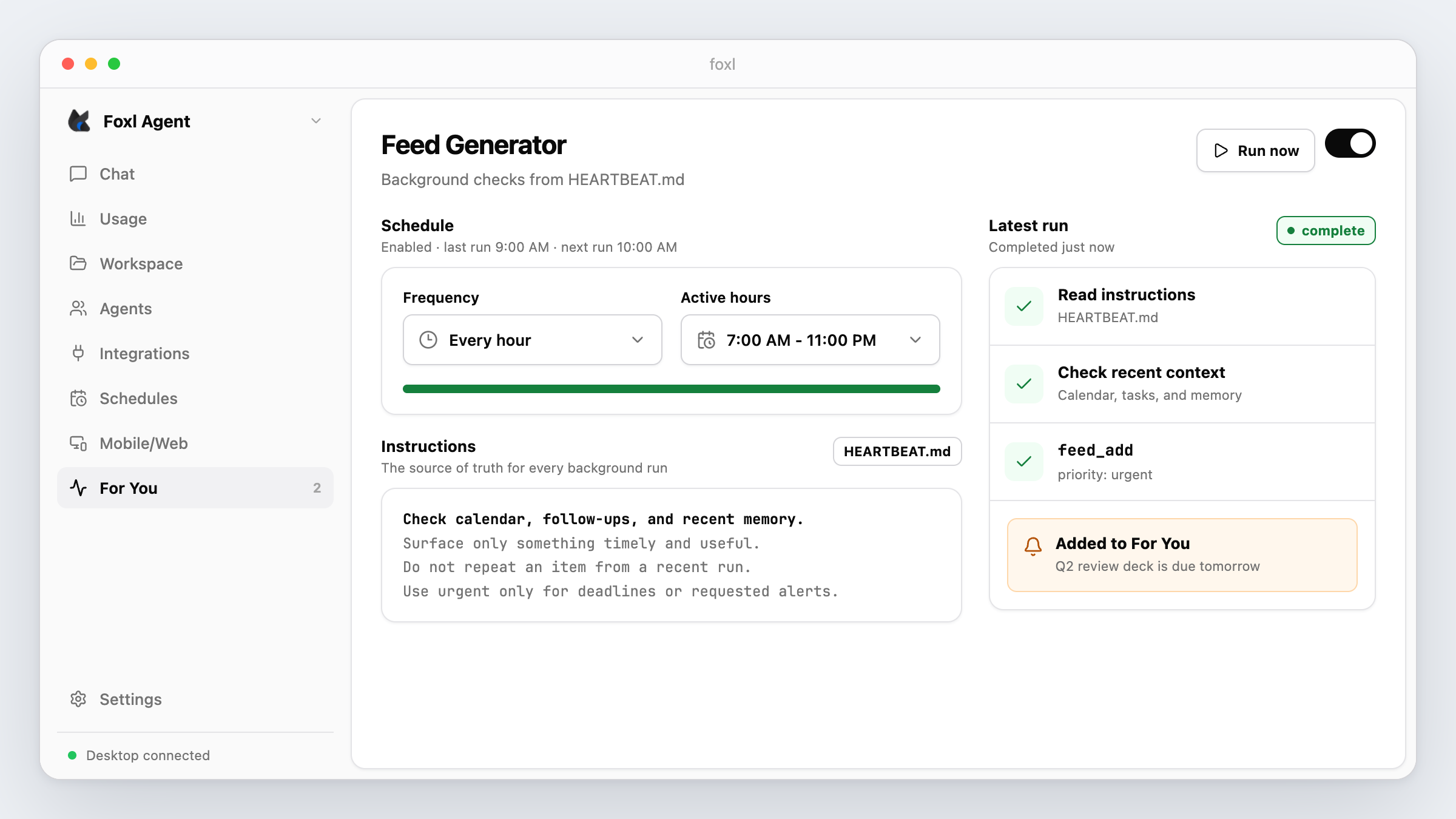 Feed Generator flow: trigger to agent to feed_add tool, branching to feed and notifications