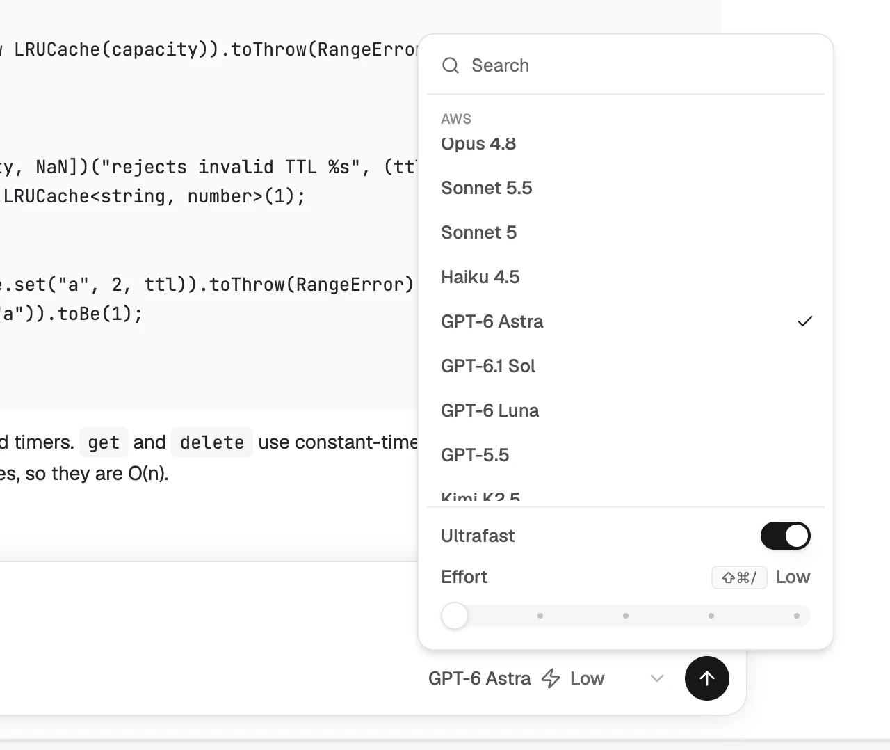 The Foxl desktop model selector in the light theme, open over a finished answer: GPT-6 Astra is checked in the AWS group, the Ultrafast switch below the list is on, the Effort slider sits at Low, and the model button reads GPT-6 Astra with a lightning mark and Low.