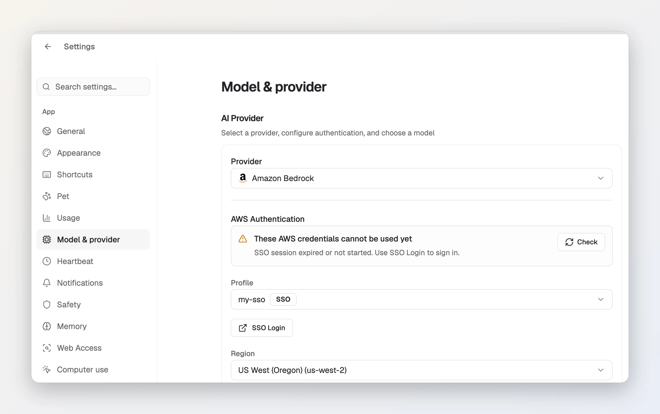 Foxl Settings open on Model & provider with Provider set to Amazon Bedrock. Under AWS Authentication a warning reads These AWS credentials cannot be used yet, SSO session expired or not started, with a Check button. Profile is set to my-sso, marked SSO, with an SSO Login button below it, and Region is US West (Oregon) (us-west-2).