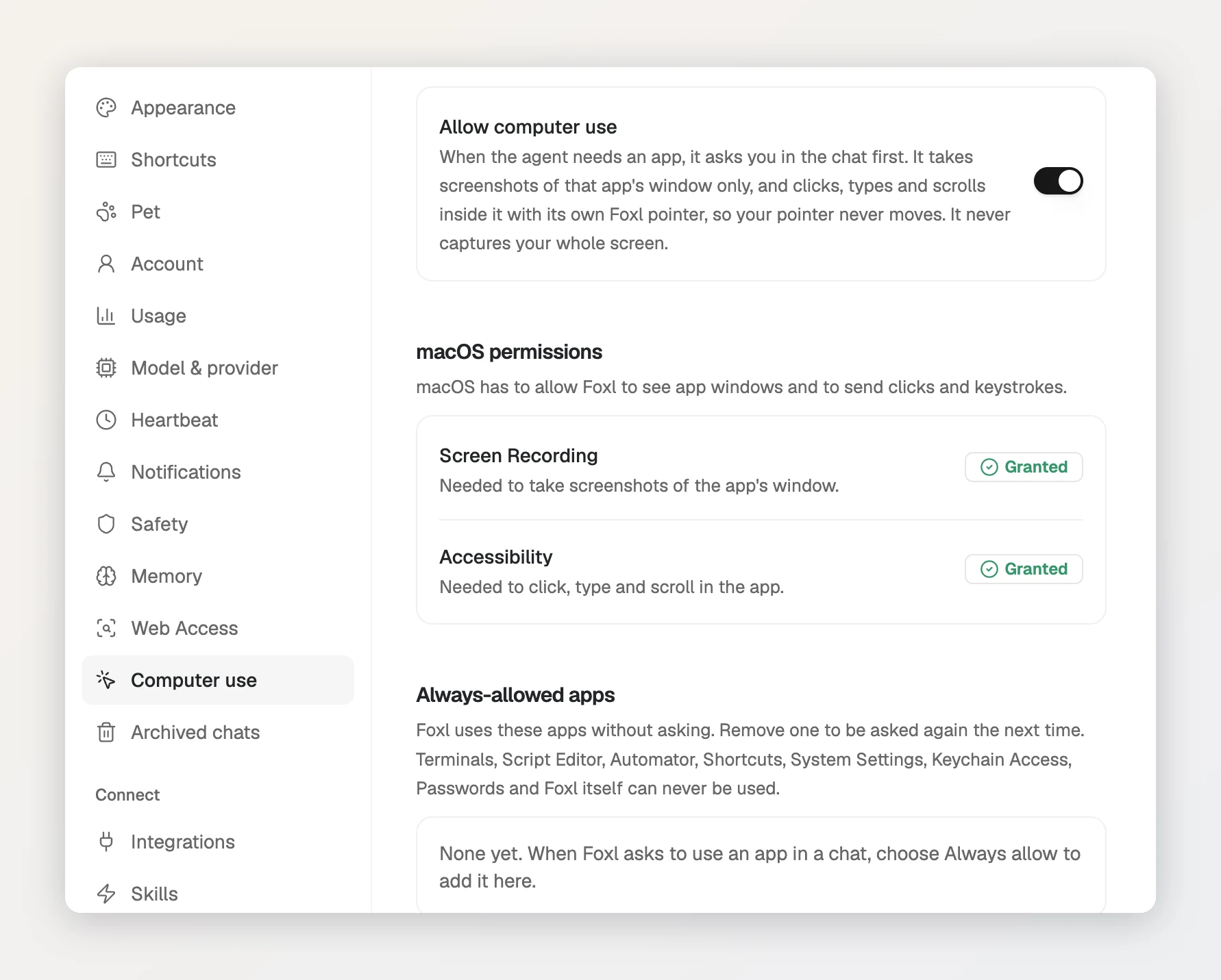 Foxl Settings open on Computer use. Allow computer use is switched on, with the note that the agent asks in the chat first, takes screenshots of that app's window only and uses its own Foxl pointer. Under macOS permissions, Screen Recording and Accessibility both read Granted. Always-allowed apps is still empty.