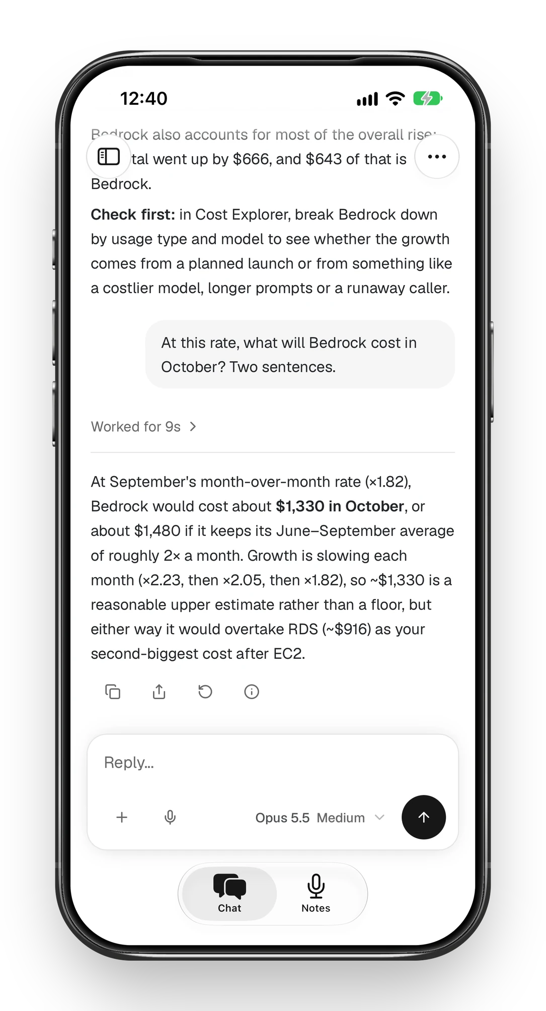 The Foxl iPhone app in the same cost chat. The phone asked At this rate, what will Bedrock cost in October? Two sentences. The answer estimates about $1,330 at September's growth rate, or about $1,480 at the June to September average, and notes it would overtake RDS. The model menu reads Opus 5.5 Medium.