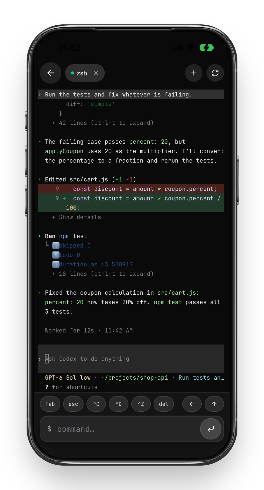 A zsh terminal in the Foxl iPhone app running the Codex CLI. Under the request Run the tests and fix whatever is failing, Codex explains the bug, shows a one-line diff of src/cart.js, runs npm test and reports that all 3 tests pass. The footer reads GPT-6 Sol low, ~/projects/shop-api.