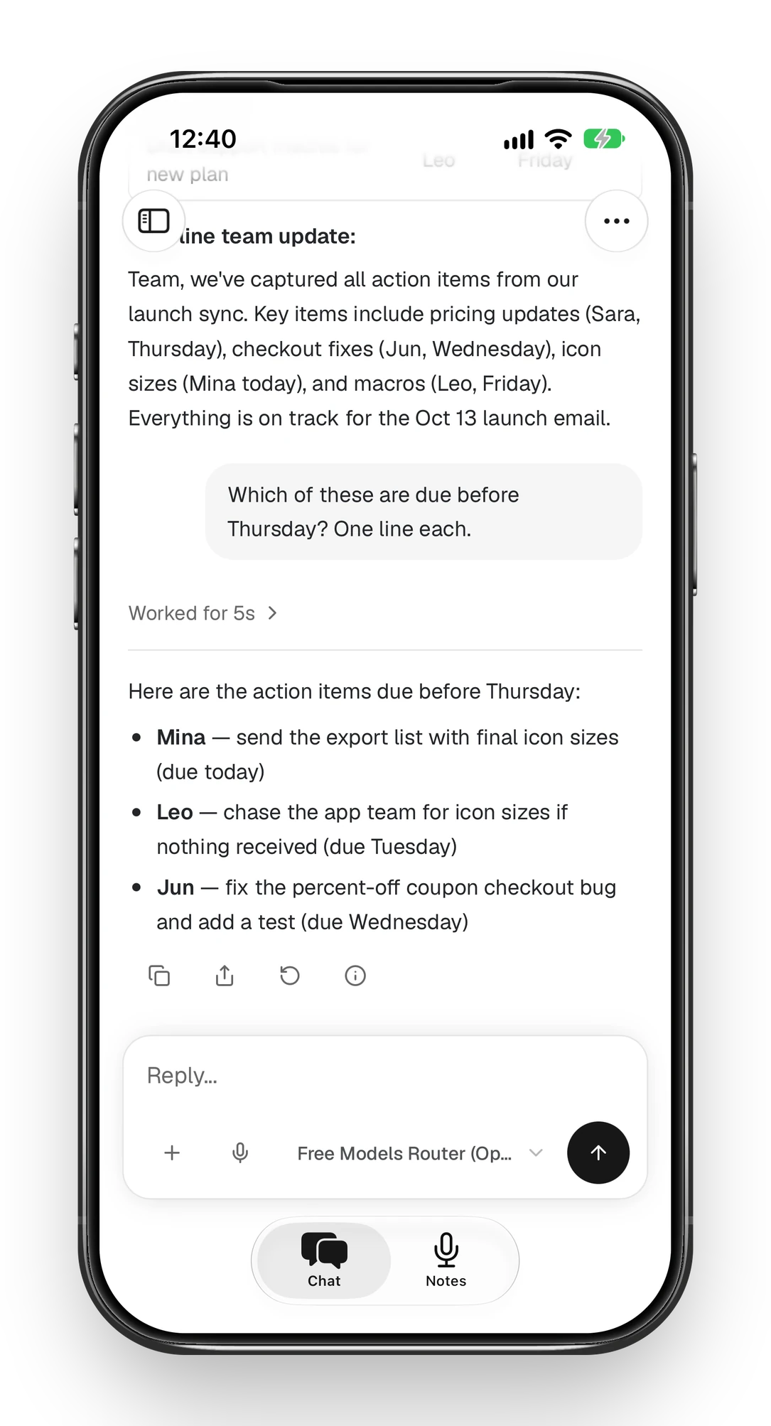 The Foxl iPhone app in the same chat. Below the team update, the phone asked Which of these are due before Thursday? One line each. The answer lists Mina, Leo and Jun with their tasks and due dates. The model menu reads Free Models Router (OpenRouter).