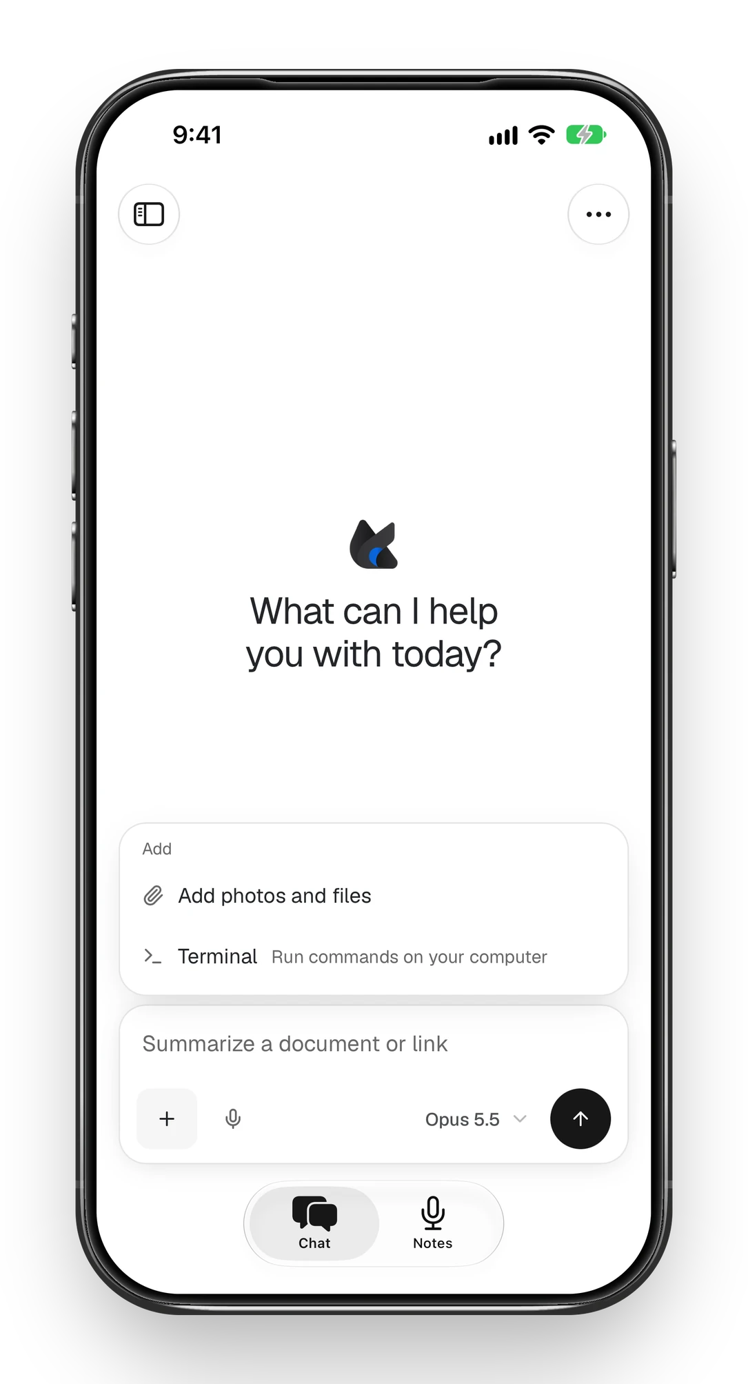 The Foxl iPhone app's chat screen with the + menu open above the message box: Add photos and files, and Terminal, Run commands on your computer.