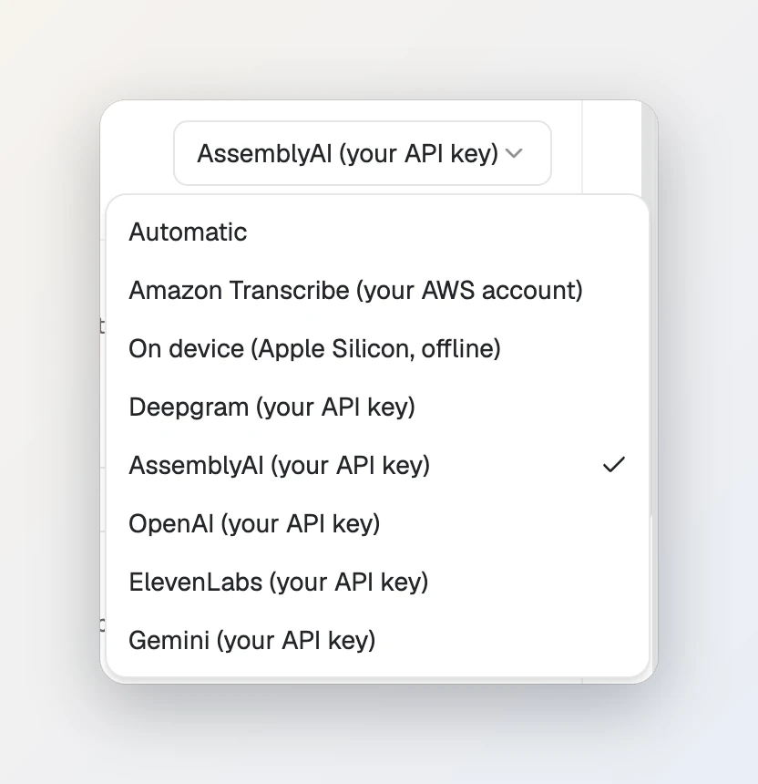 The Transcription Provider list in Foxl's Recording settings: Automatic, Amazon Transcribe (your AWS account), On device (Apple Silicon, offline), Deepgram, AssemblyAI, OpenAI, ElevenLabs and Gemini, each with your API key. AssemblyAI (your API key) is checked.