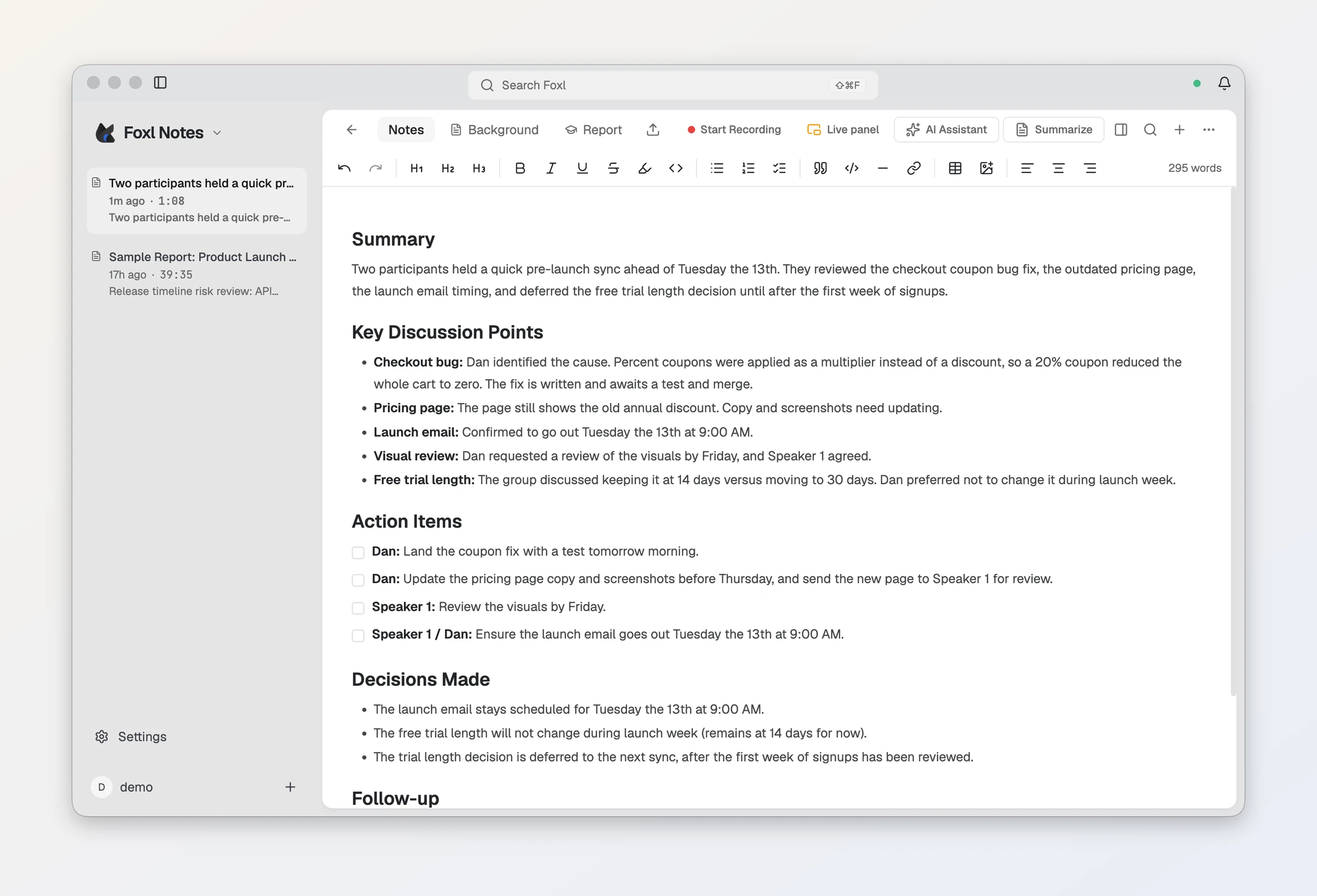 A Foxl note made from an imported one-minute recording of a two-person launch sync, after Summarize: a Summary paragraph, Key Discussion Points on the checkout coupon bug, the pricing page, the launch email and the free trial, Action Items as checkboxes for Dan and Speaker 1, and Decisions Made.
