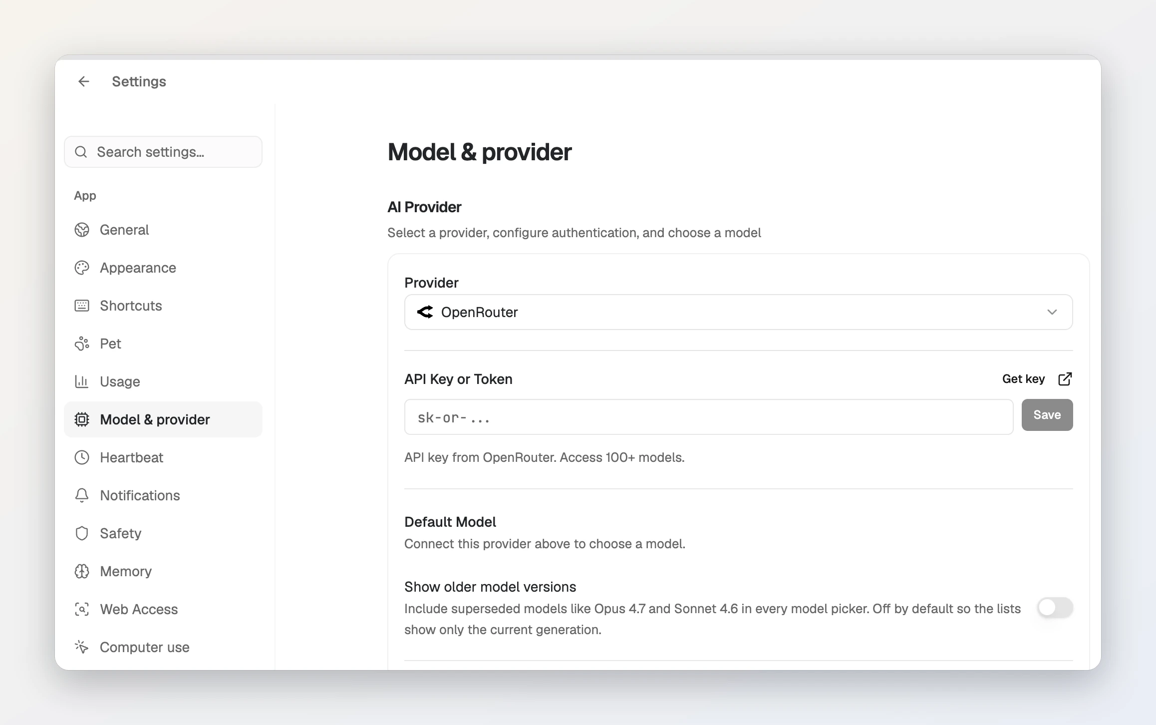 Foxl Settings open on Model & provider. Provider is set to OpenRouter; below it is the API Key or Token field with the placeholder sk-or-, a Get key link and a Save button, then Default Model and Show older model versions.