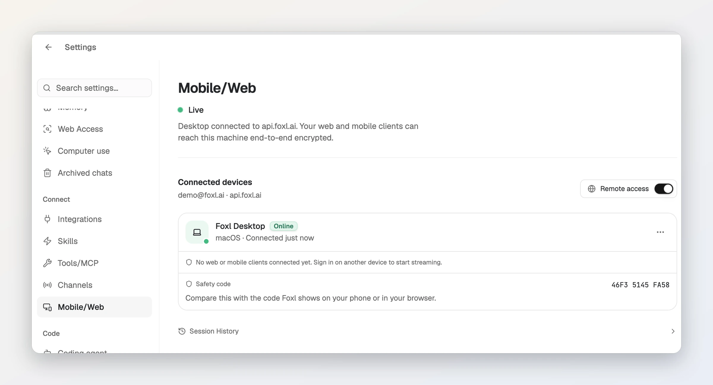 Foxl Settings open on Mobile/Web. The status reads Live: Desktop connected to api.foxl.ai. Your web and mobile clients can reach this machine end-to-end encrypted. Under Connected devices, the Remote access switch is on and Foxl Desktop is Online, with no web or mobile clients connected yet, and a safety code.
