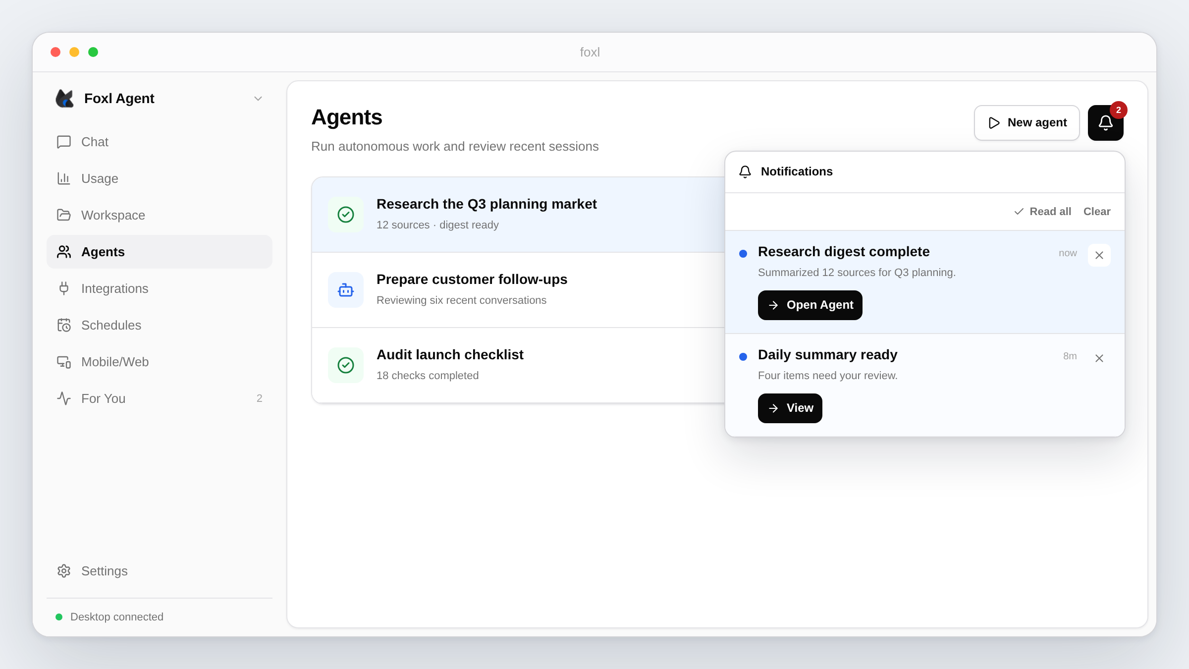A v0.2.23 desktop notification carrying an action and identifiers through to the exact destination in Foxl.