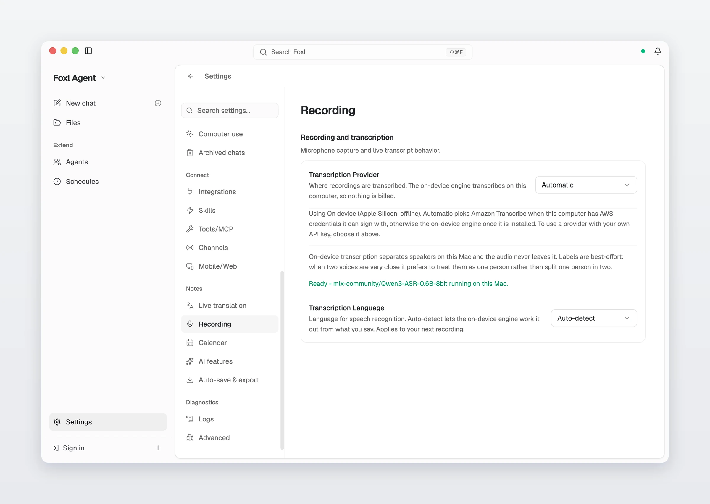 Settings, Recording: Transcription Provider set to Automatic and using On device (Apple Silicon, offline), the sentence that on-device transcription separates speakers on this Mac and the audio never leaves it, and Ready - mlx-community/Qwen3-ASR-0.6B-8bit running on this Mac.