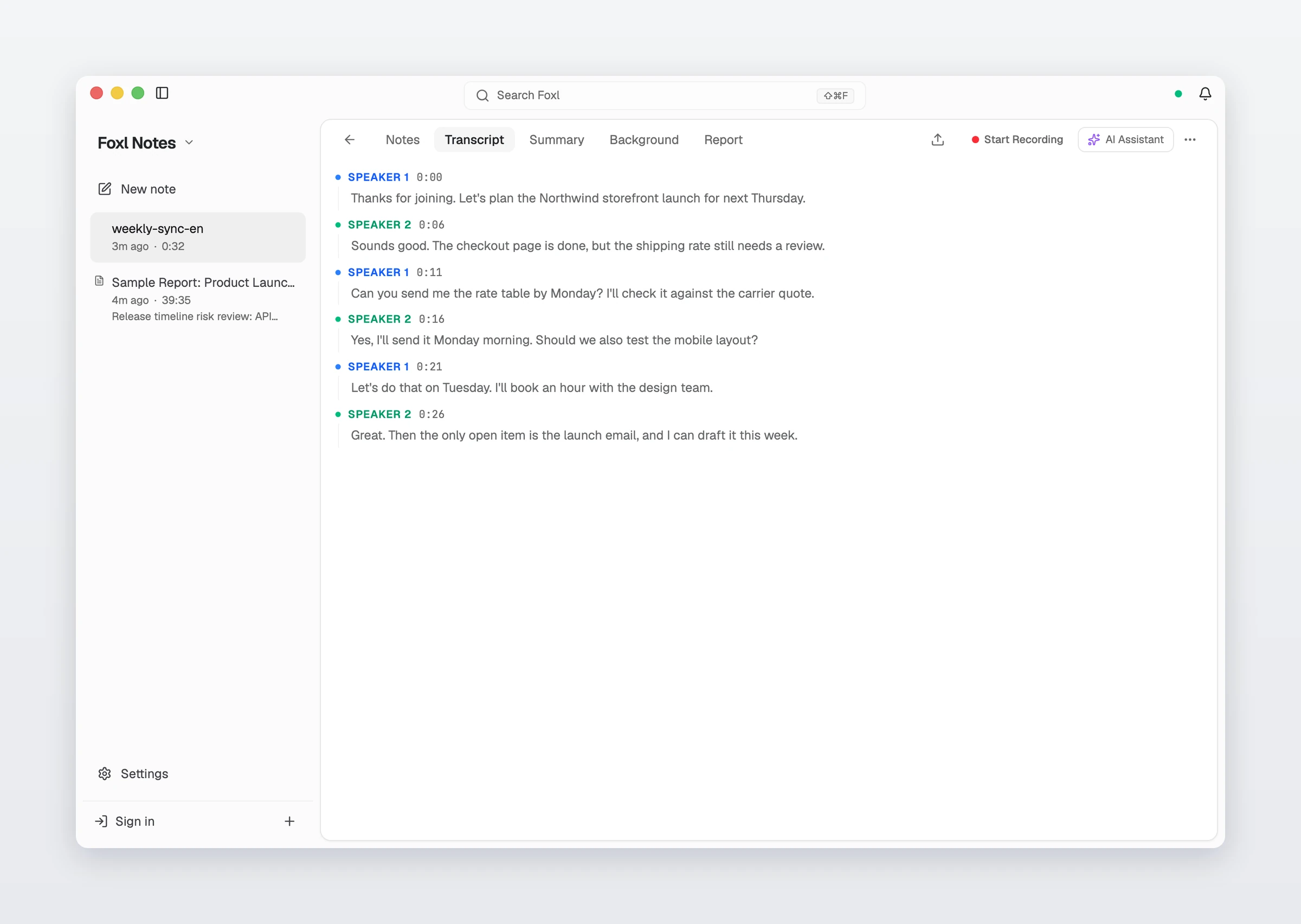 The Transcript tab of an imported 32-second meeting: six turns alternating between SPEAKER 1 and SPEAKER 2, at 0:00, 0:06, 0:11, 0:16, 0:21 and 0:26, planning a storefront launch, a rate table due Monday, a Tuesday test of the mobile layout and a launch email.