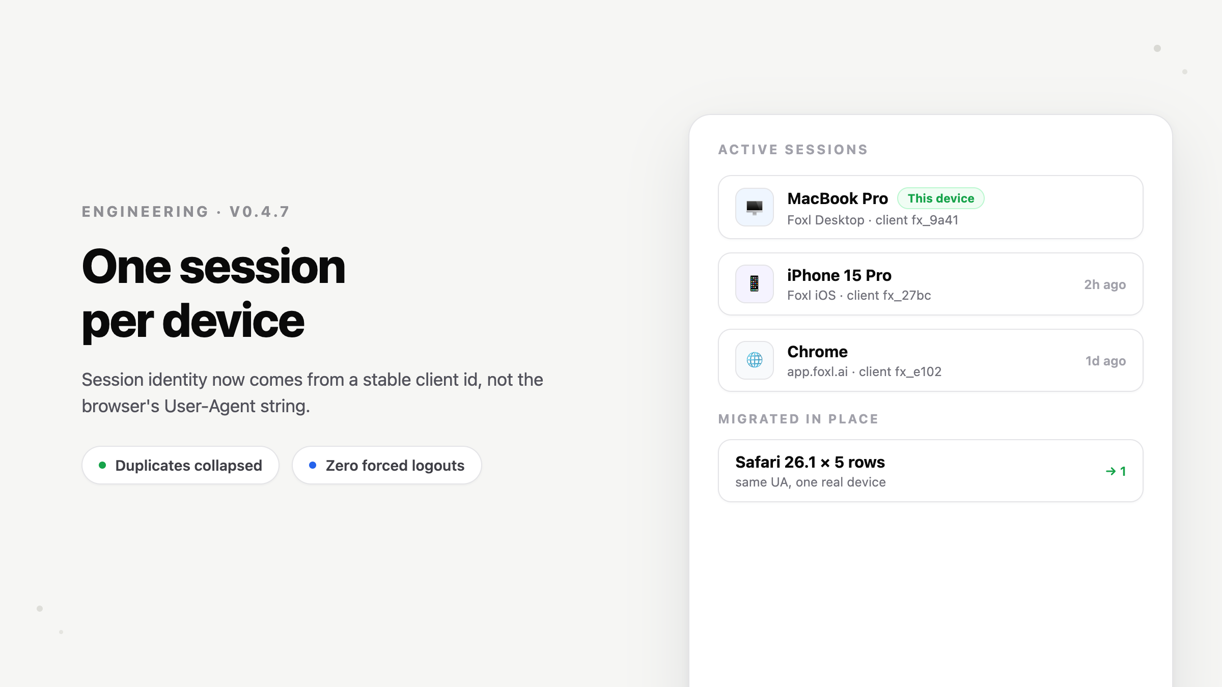 The redesigned Foxl mobile app: a reveal-drawer sidebar, a glass composer the conversation scrolls behind, and a settings sheet that slides up as its own layer.