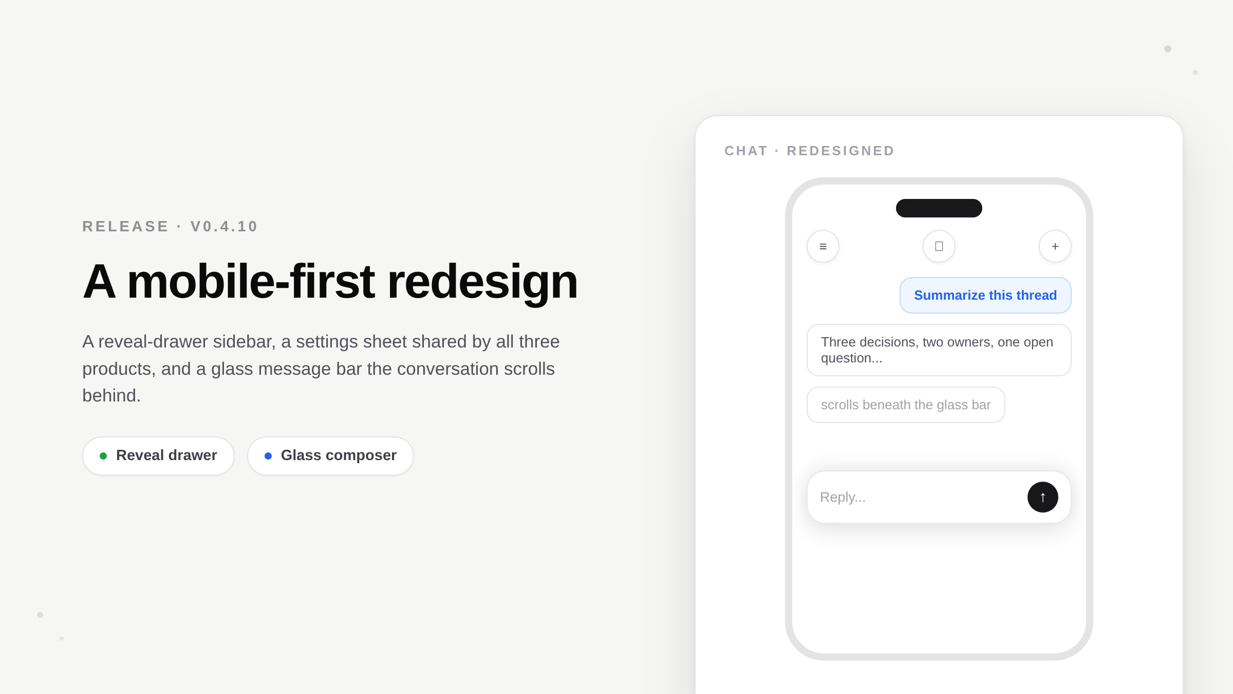 The redesigned Foxl mobile app: a reveal-drawer sidebar, a glass composer the conversation scrolls behind, and a settings sheet that slides up as its own layer.