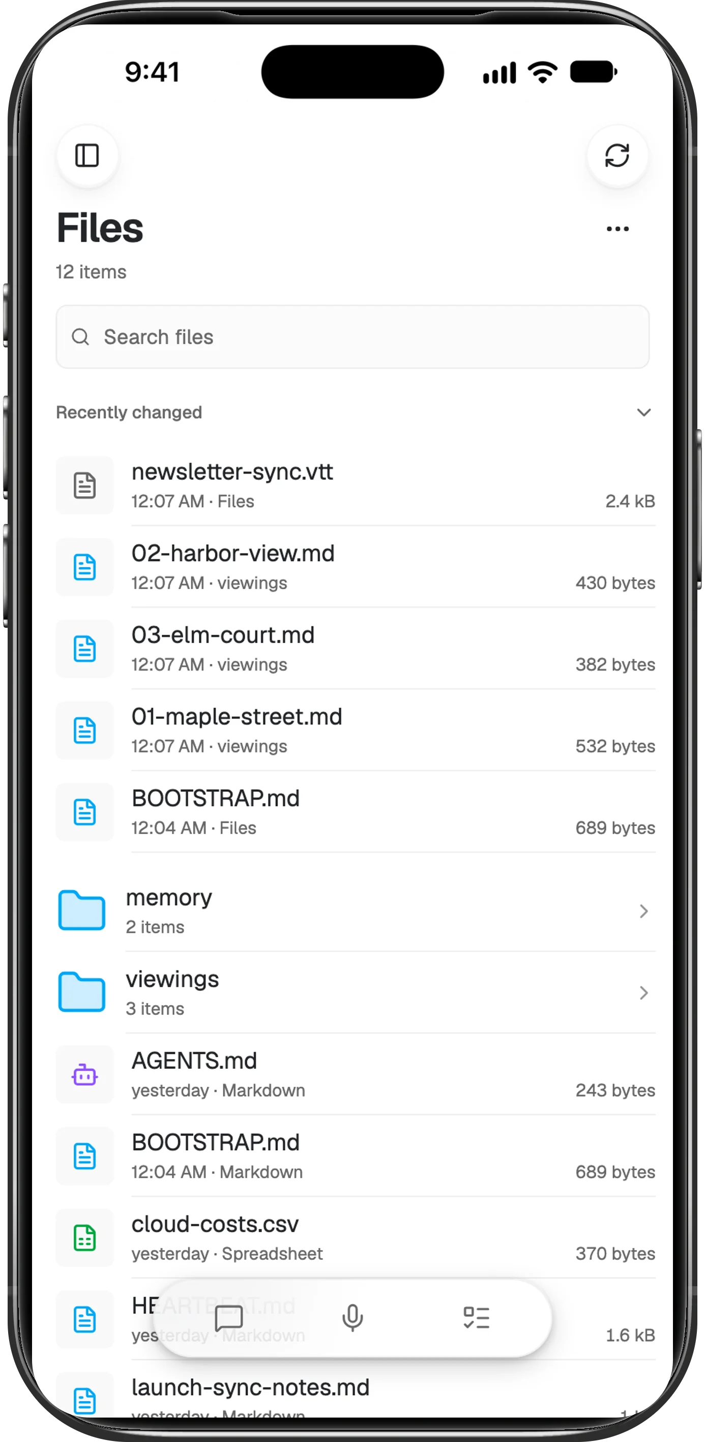 Files at phone width: Files, 12 items, a search field, Recently changed with newsletter-sync.vtt and three apartment notes from the viewings folder, then the memory and viewings folders and the workspace's files, each with its time and size.