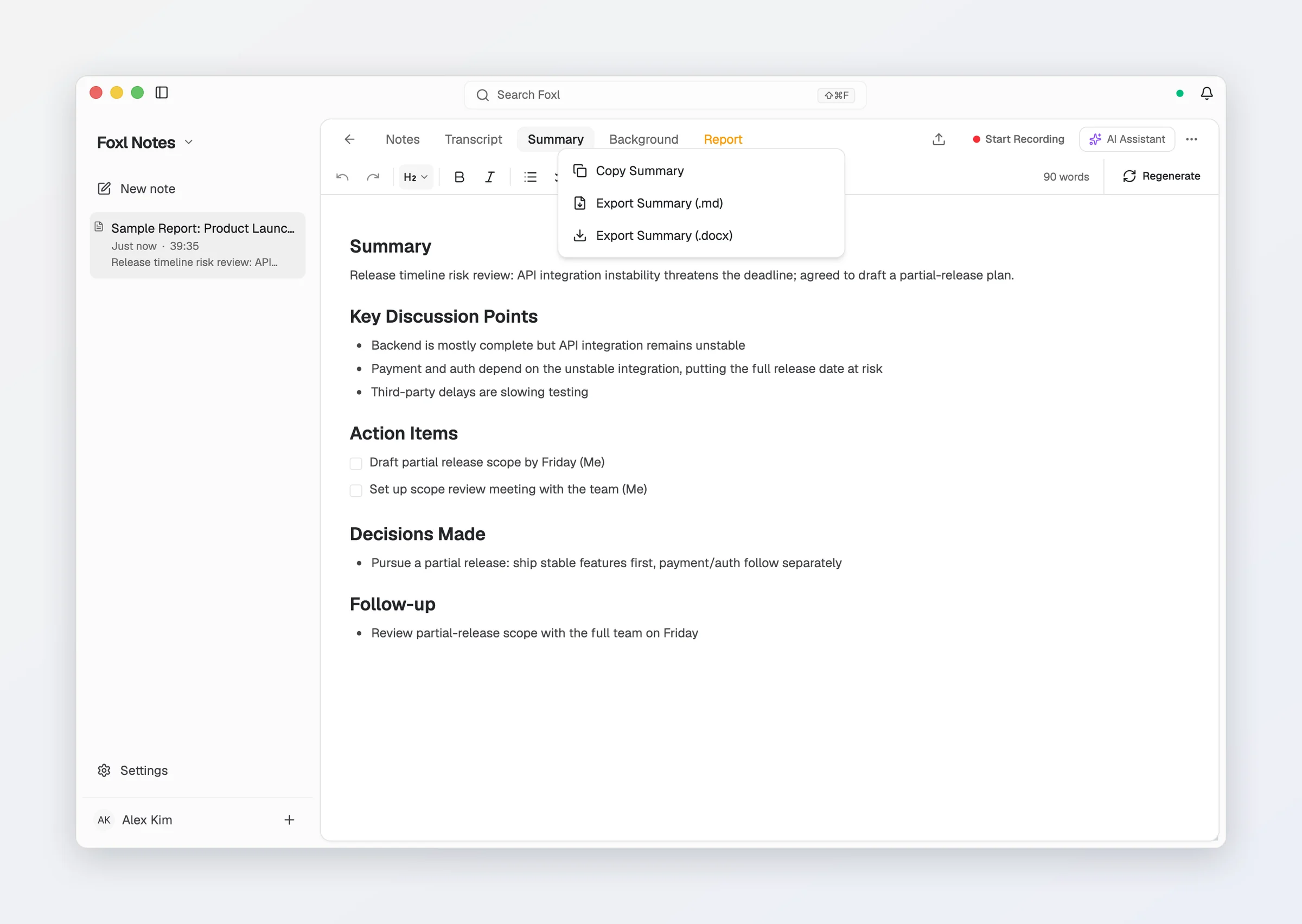 Foxl Notes' sample note in the desktop app on its Summary tab, with that tab's menu open below the tabs: Copy Summary, Export Summary (.md) and Export Summary (.docx).