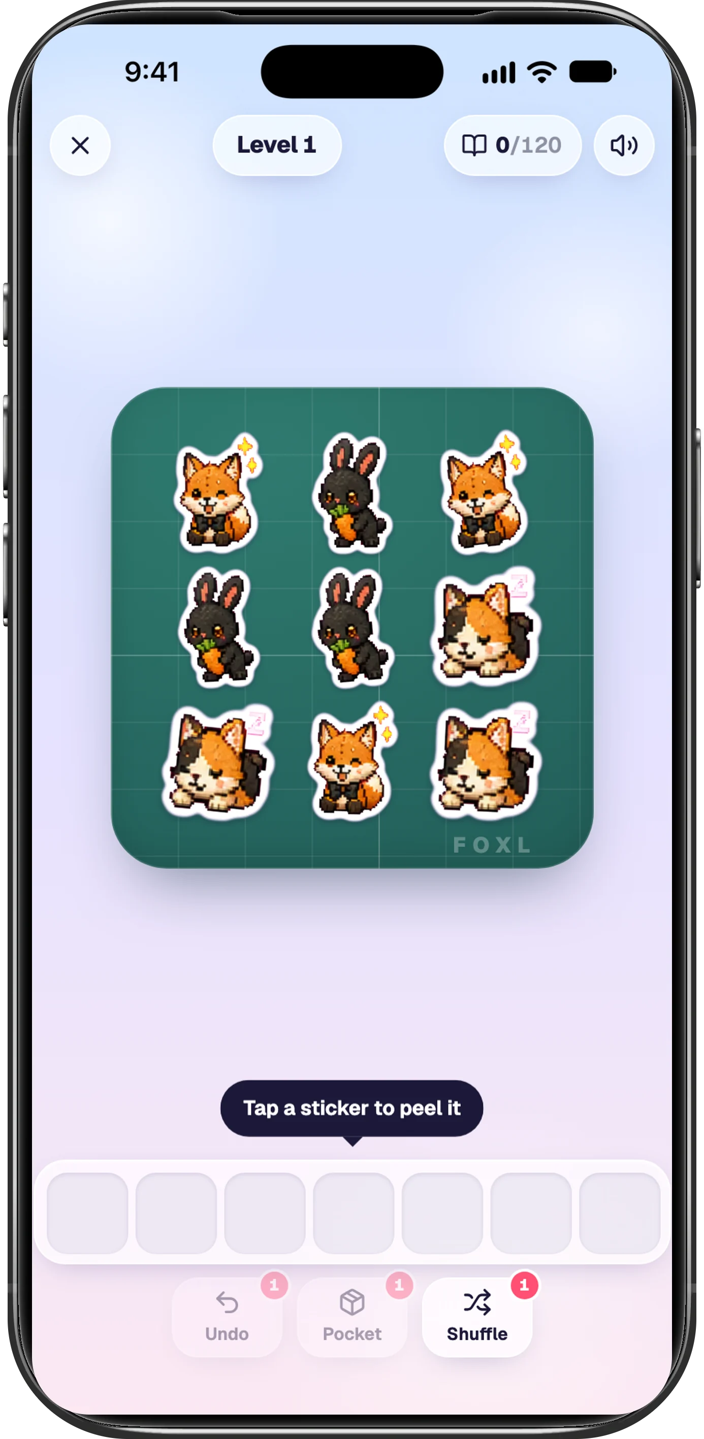 Sticker Pop, level 1: a pile of fox, bunny and calico stickers on a green cutting mat, an album at 0/120, Tap a sticker to peel it above an empty tray of seven, and Undo, Pocket and Shuffle.
