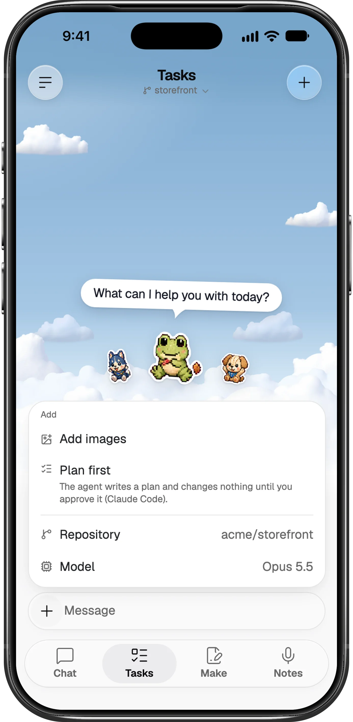 Foxl Code's Tasks on a phone under the app's sky and pets, with the message bar's + menu open: Add images, Plan first, then Repository acme/storefront and Model Opus 5.5, above the round bar with + and Message.