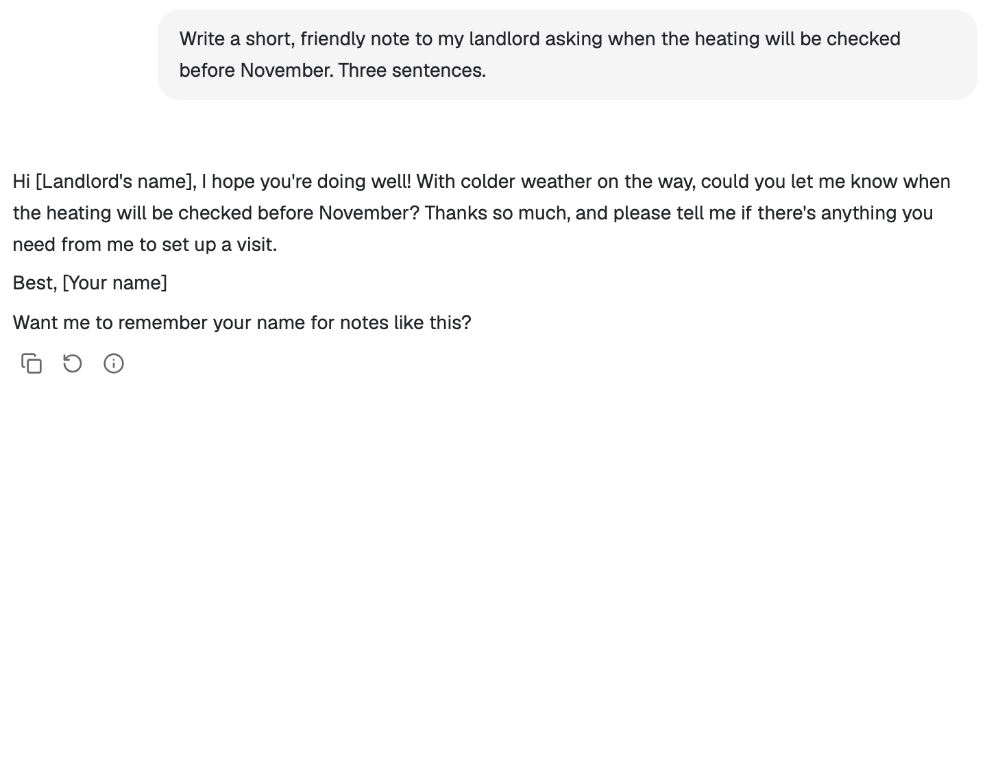 Foxl drafts a short, friendly note to a landlord about the heating.