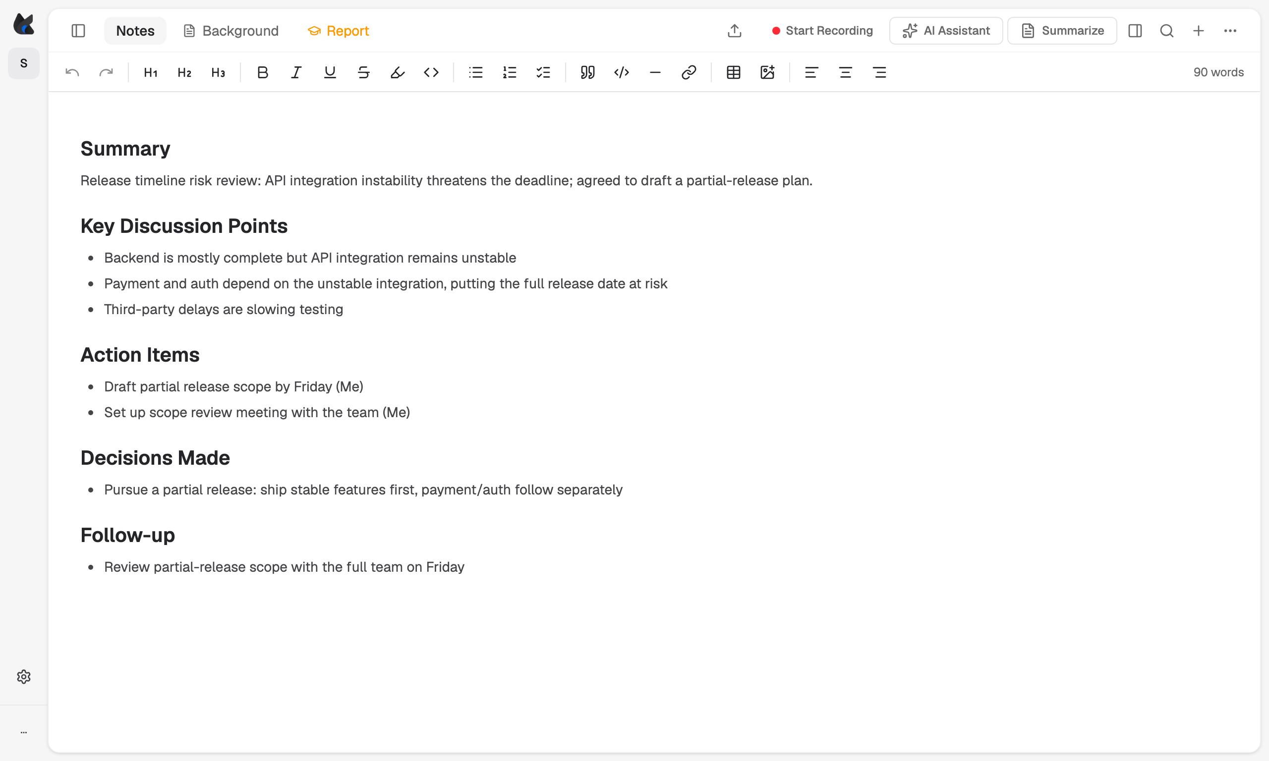 Foxl Notes: The big picture. A recorded conversation becomes a clear summary you can come back to.