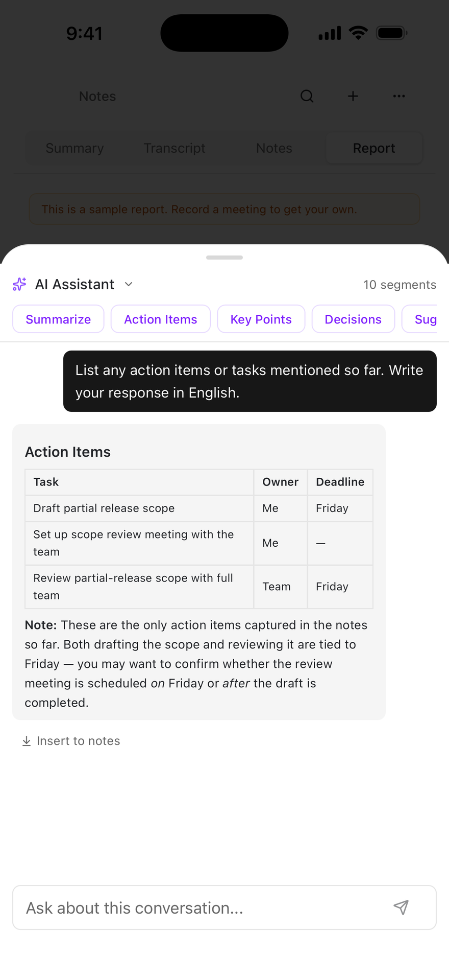 Foxl answers a question about a meeting in the Notes AI sheet.