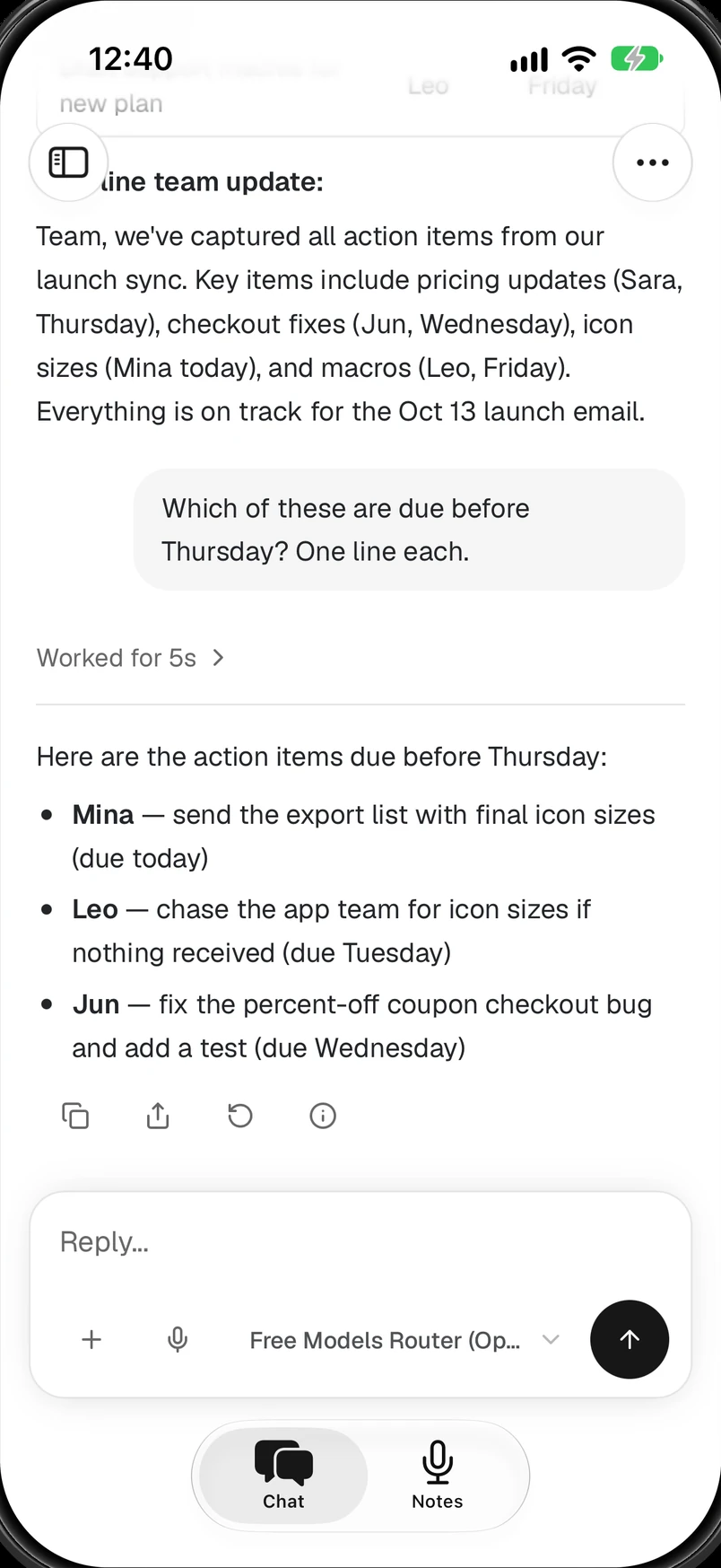 Foxl on iPhone picks out which action items are due before Thursday.