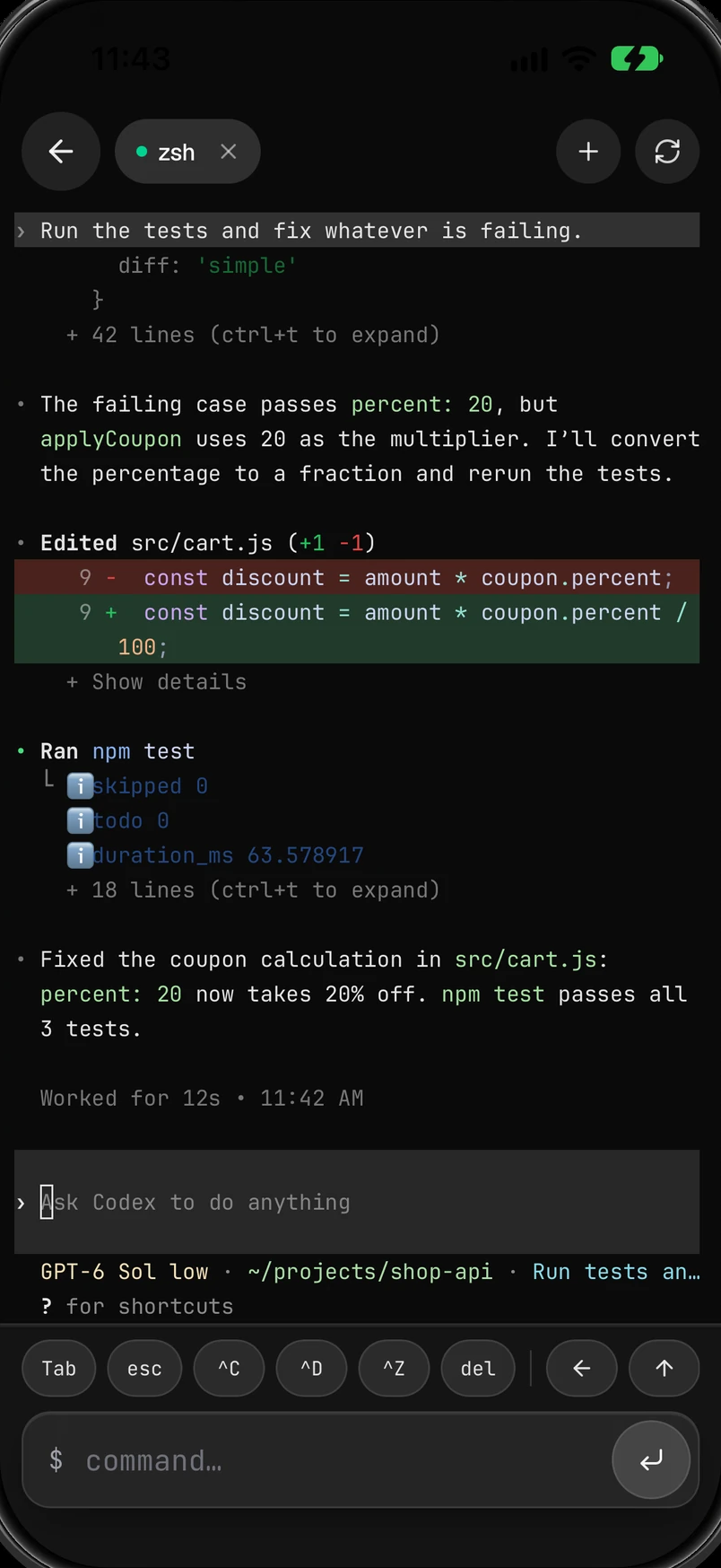 Codex fixes a failing test in the desktop's terminal, opened from an iPhone.