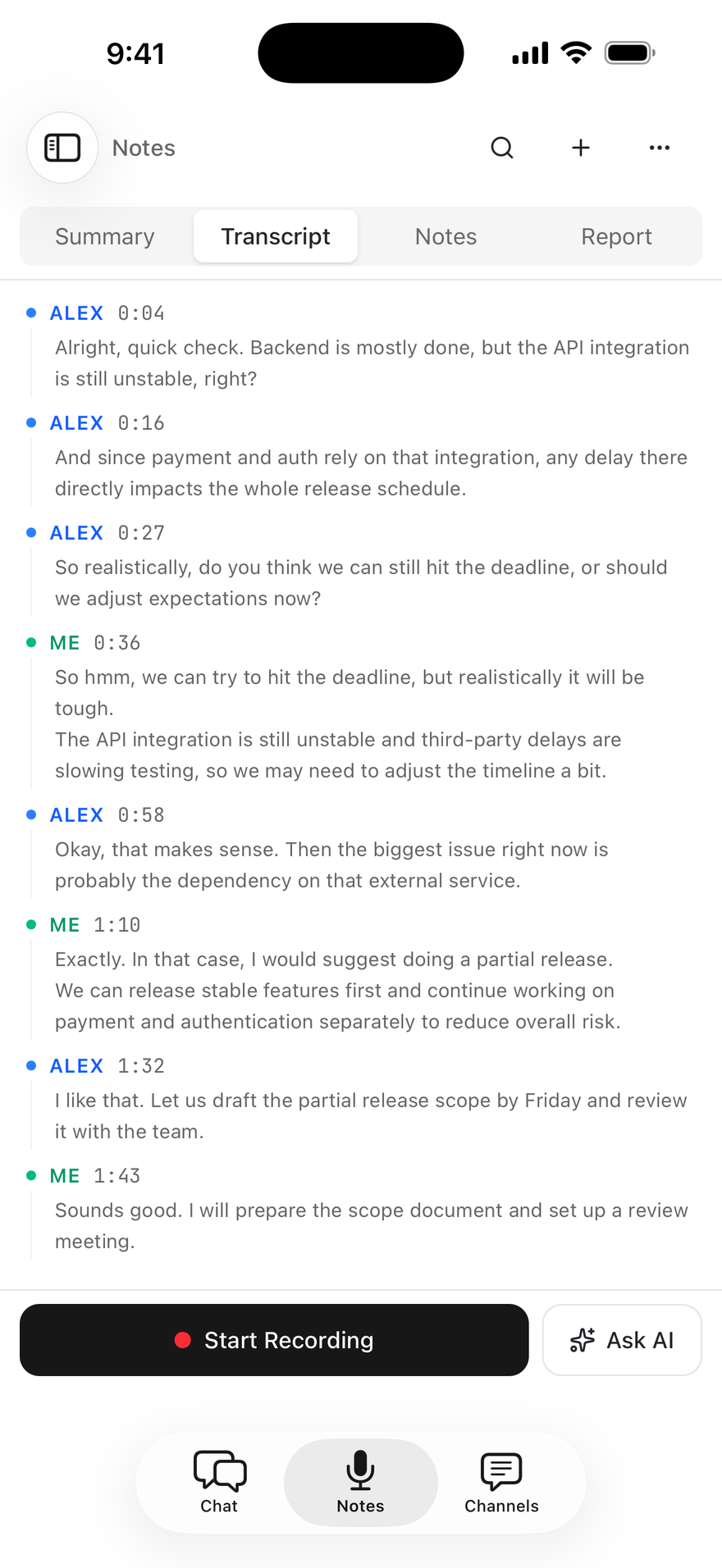 A speaker-labelled meeting transcript in Foxl Notes on iPhone.